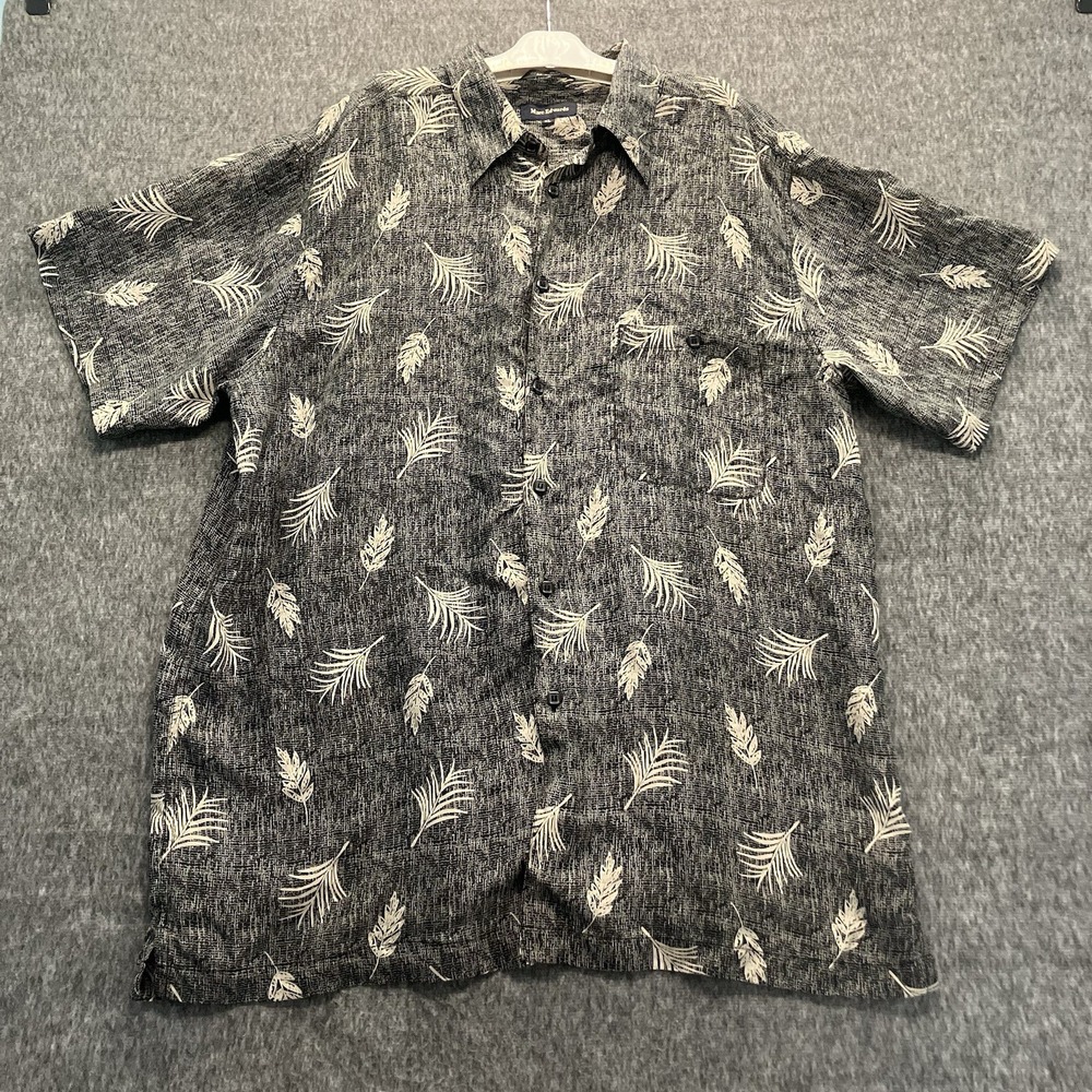 Marc Edward's Men's Silk Button Shirt XL Black Ivory Tropical Short Sleeves